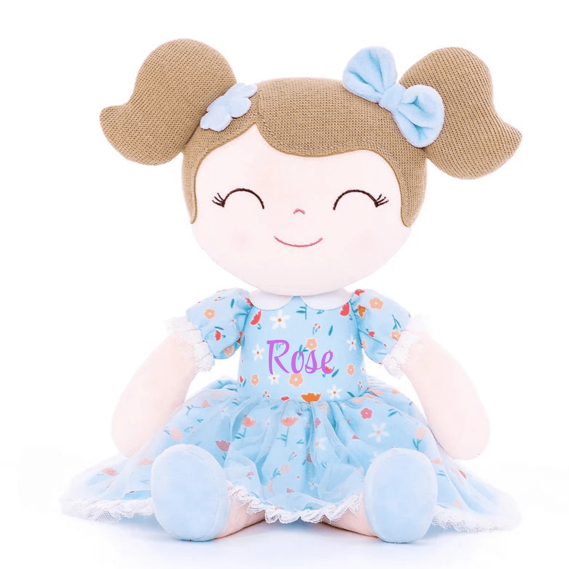 Personalized Plush Doll – Light Brown Hair with a Blue Floral Dress - Tiny Tots Boutique
