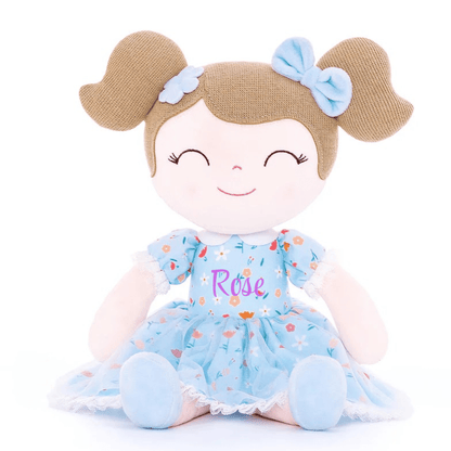 Personalized Plush Doll – Light Brown Hair with a Blue Floral Dress - Tiny Tots Boutique