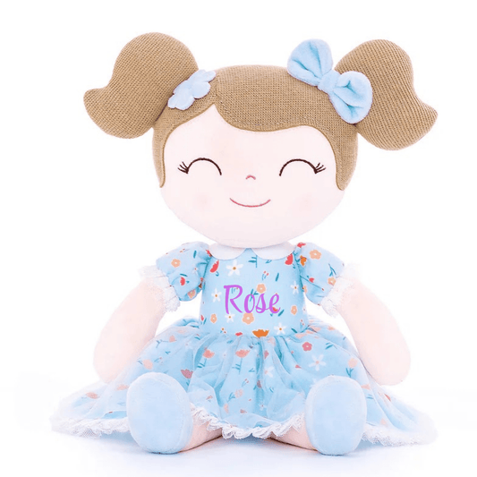 Personalized Plush Doll – Light Brown Hair with a Blue Floral Dress - Tiny Tots Boutique