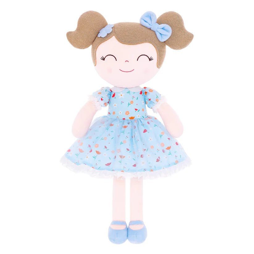 Personalized Plush Doll – Light Brown Hair with a Blue Floral Dress - Tiny Tots Boutique