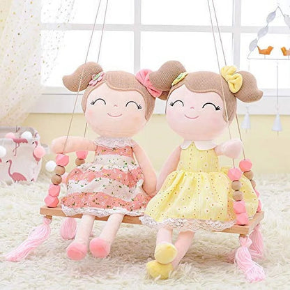 Personalized Plush Doll – Light Brown Hair with a Coral Stripe Dress - Tiny Tots Boutique