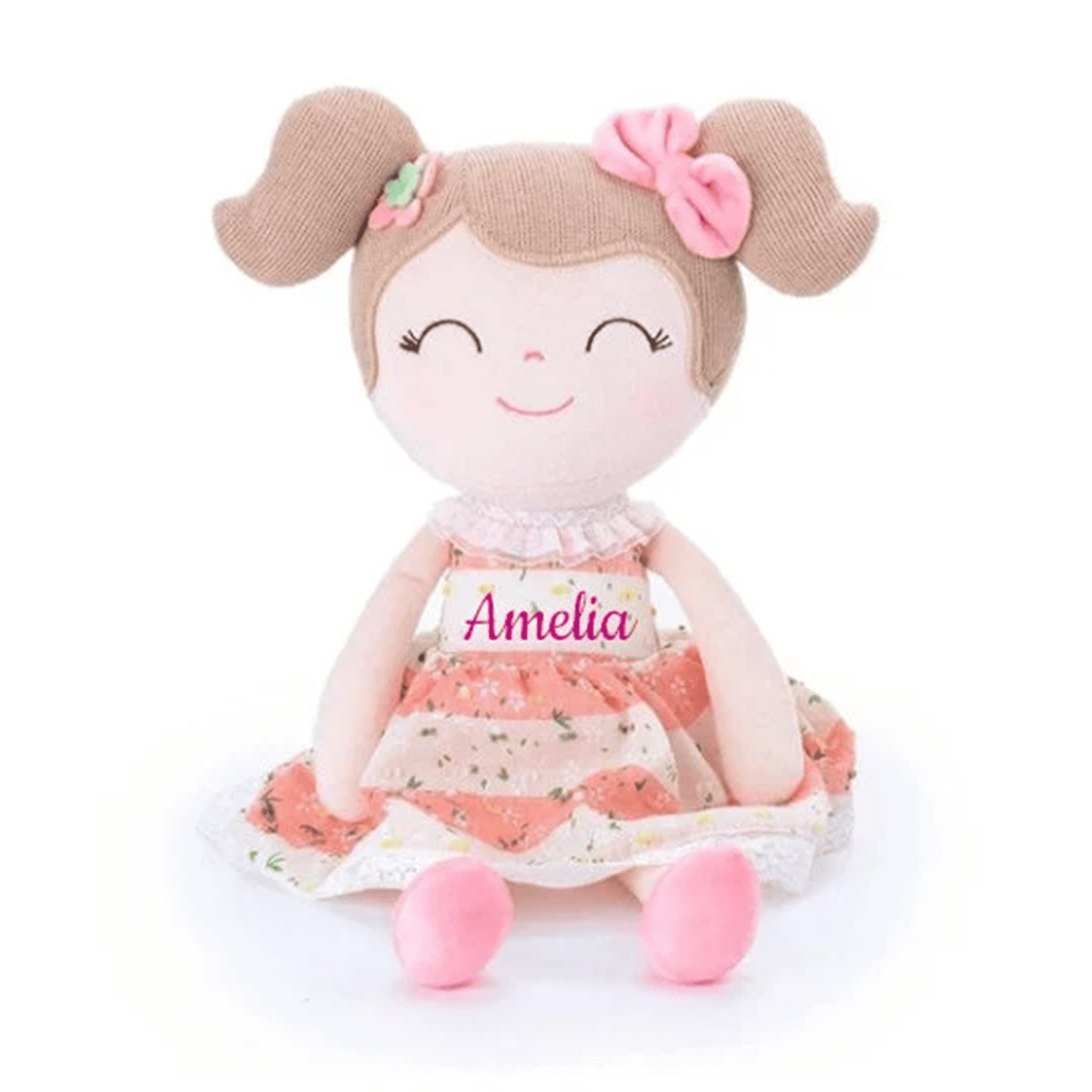 Personalized Plush Doll – Light Brown Hair with a Coral Stripe Dress - Tiny Tots Boutique