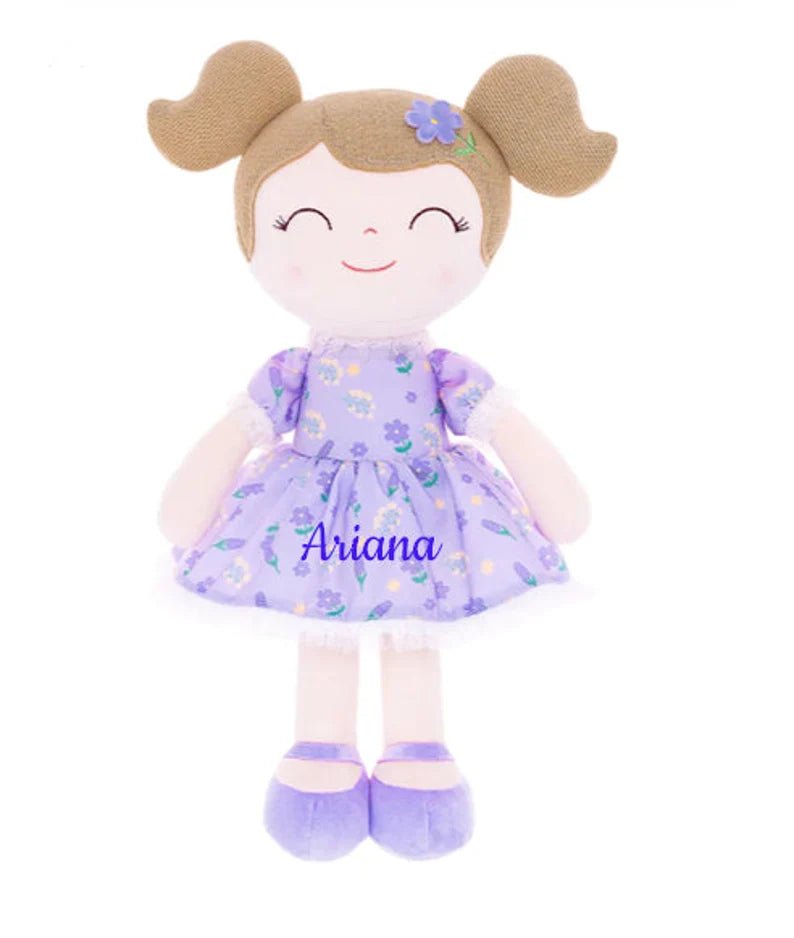 Personalized Plush Doll – Light Brown Hair with a Lilac Floral Dress - Tiny Tots Boutique