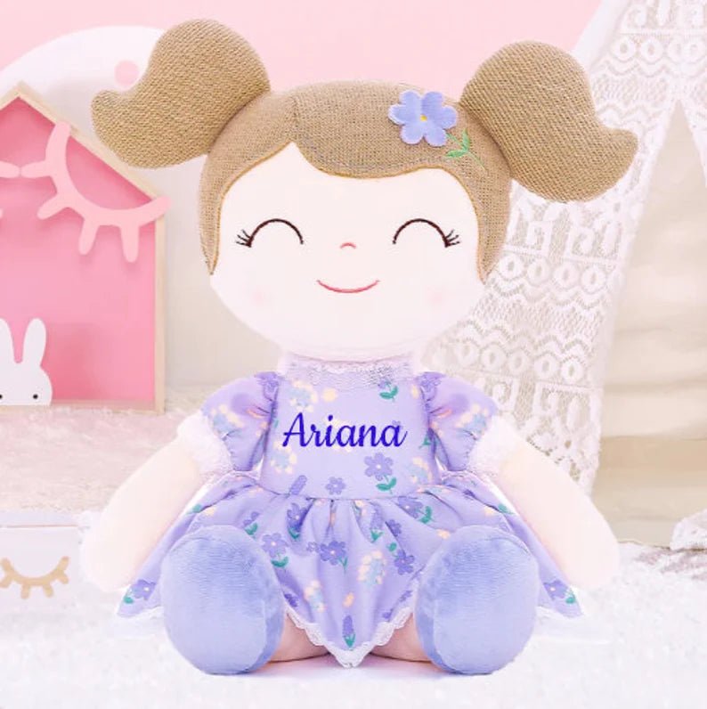Personalized Plush Doll – Light Brown Hair with a Lilac Floral Dress - Tiny Tots Boutique