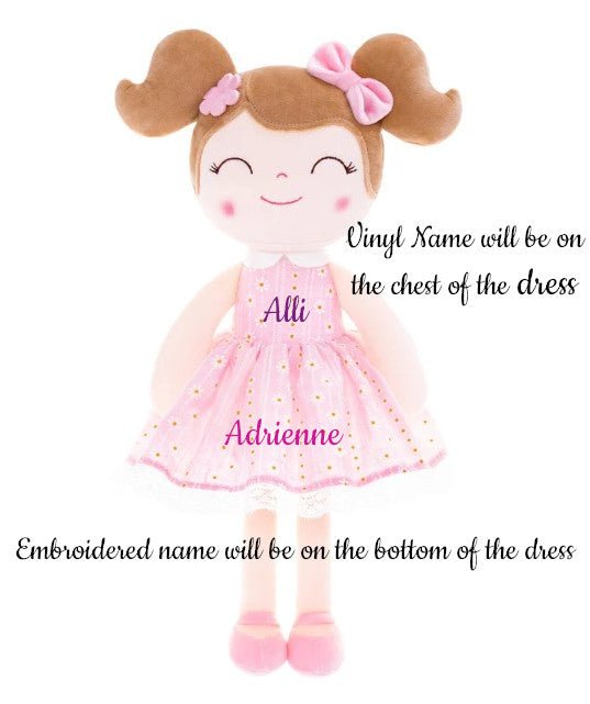 Personalized Plush Doll – Light Brown Hair with a Pastel Pink Dress - Tiny Tots Boutique