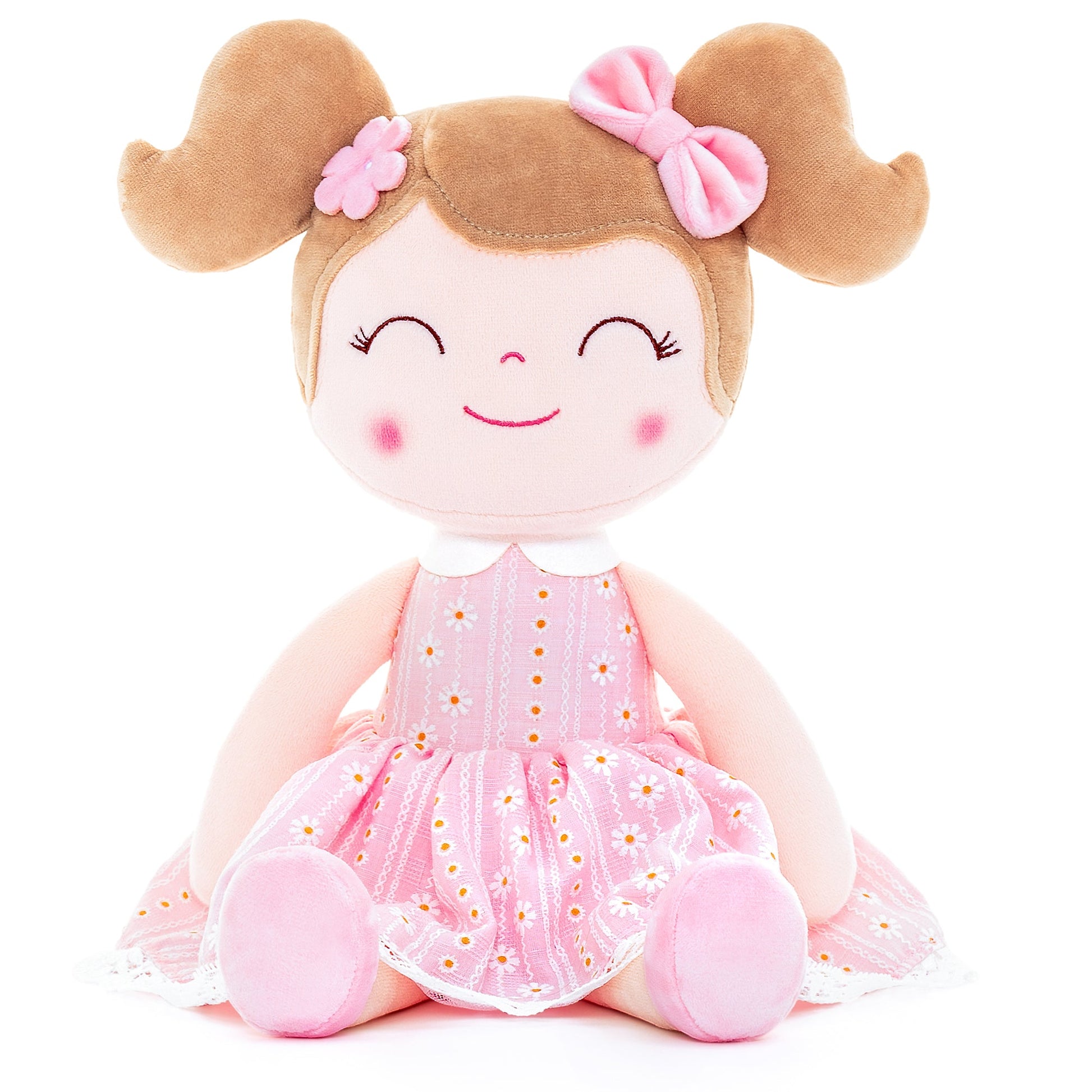 Personalized Plush Doll – Light Brown Hair with a Pastel Pink Dress - Tiny Tots Boutique