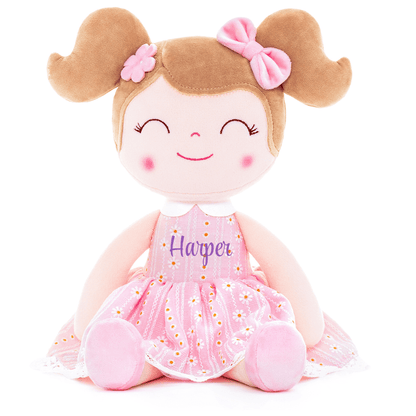 Personalized Plush Doll – Light Brown Hair with a Pastel Pink Dress - Tiny Tots Boutique