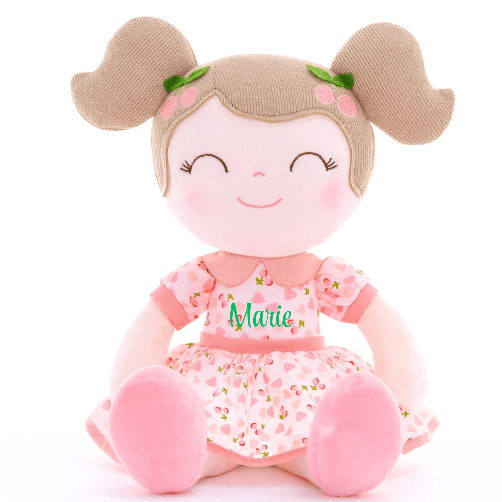 Personalized Plush Doll – Light Brown Hair with a Pink Cherry Dress - Tiny Tots Boutique