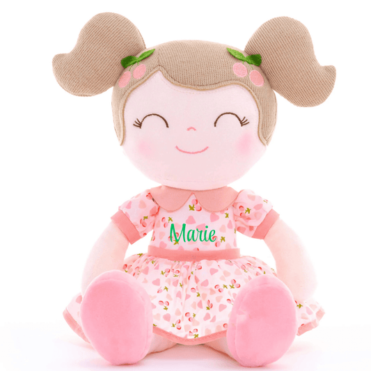 Personalized Plush Doll – Light Brown Hair with a Pink Cherry Dress - Tiny Tots Boutique