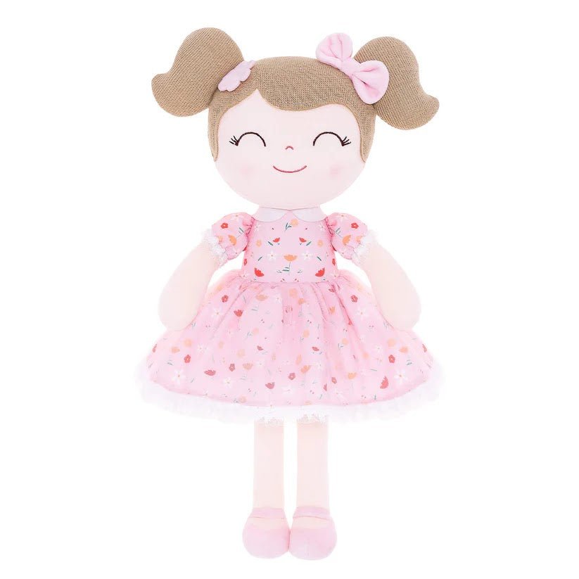 Personalized Plush Doll – Light Brown Hair with a Pink Floral Dress - Tiny Tots Boutique