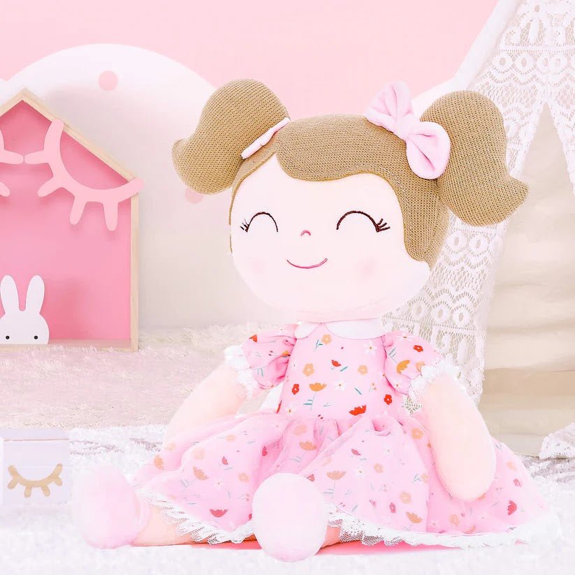 Personalized Plush Doll – Light Brown Hair with a Pink Floral Dress - Tiny Tots Boutique