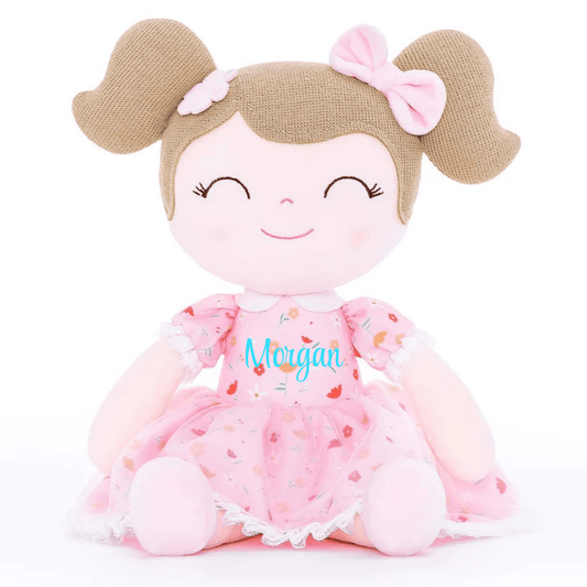 Personalized Plush Doll – Light Brown Hair with a Pink Floral Dress - Tiny Tots Boutique