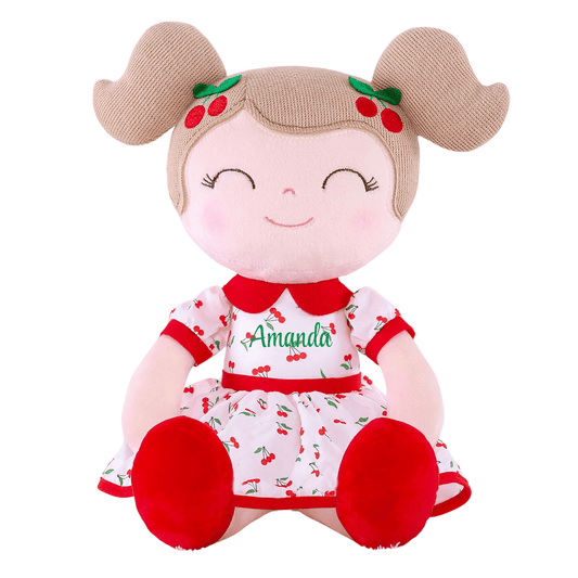 Personalized Plush Doll – Light Brown Hair with a Red Cherry Dress - Tiny Tots Boutique