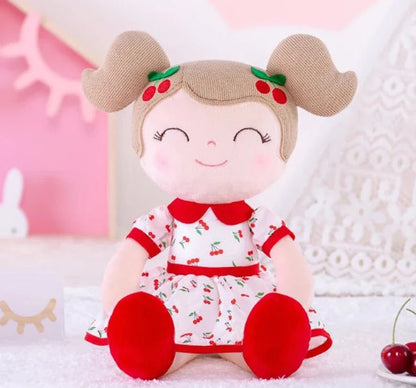 Personalized Plush Doll – Light Brown Hair with a Red Cherry Dress - Tiny Tots Boutique