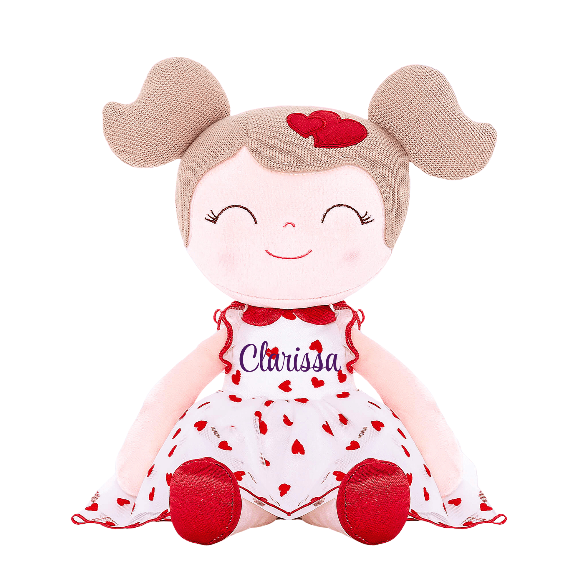 Personalized Plush Doll – Light Brown Hair with a Red Heart Dress - Tiny Tots Boutique
