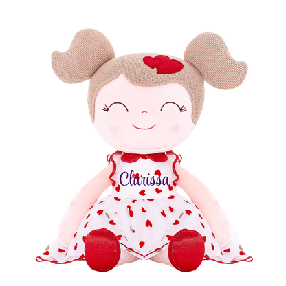 Personalized Plush Doll – Light Brown Hair with a Red Heart Dress - Tiny Tots Boutique