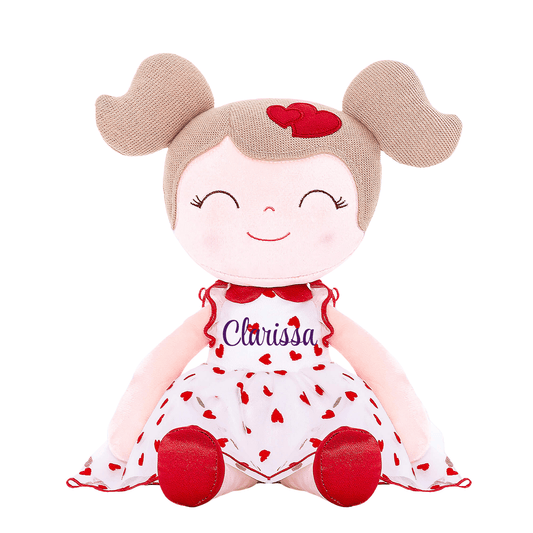 Personalized Plush Doll – Light Brown Hair with a Red Heart Dress - Tiny Tots Boutique