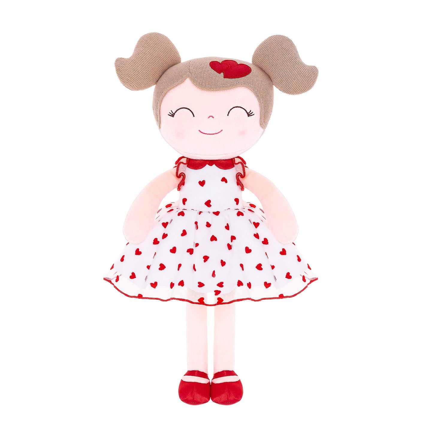 Personalized Plush Doll – Light Brown Hair with a Red Heart Dress - Tiny Tots Boutique