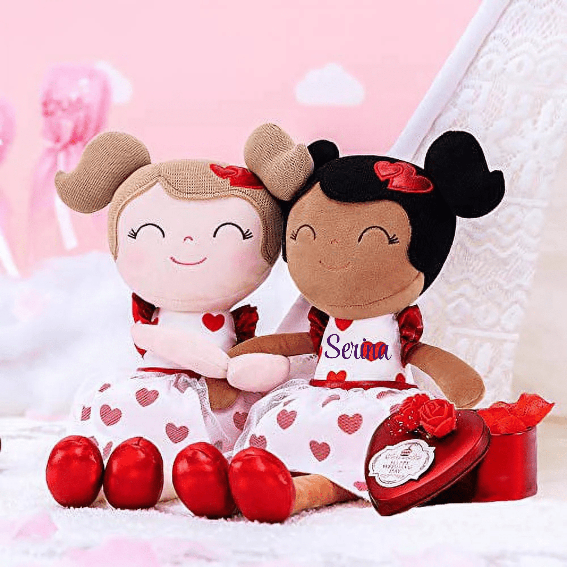 Personalized Plush Doll – Light Brown Hair with a Red Heart Dress - Tiny Tots Boutique