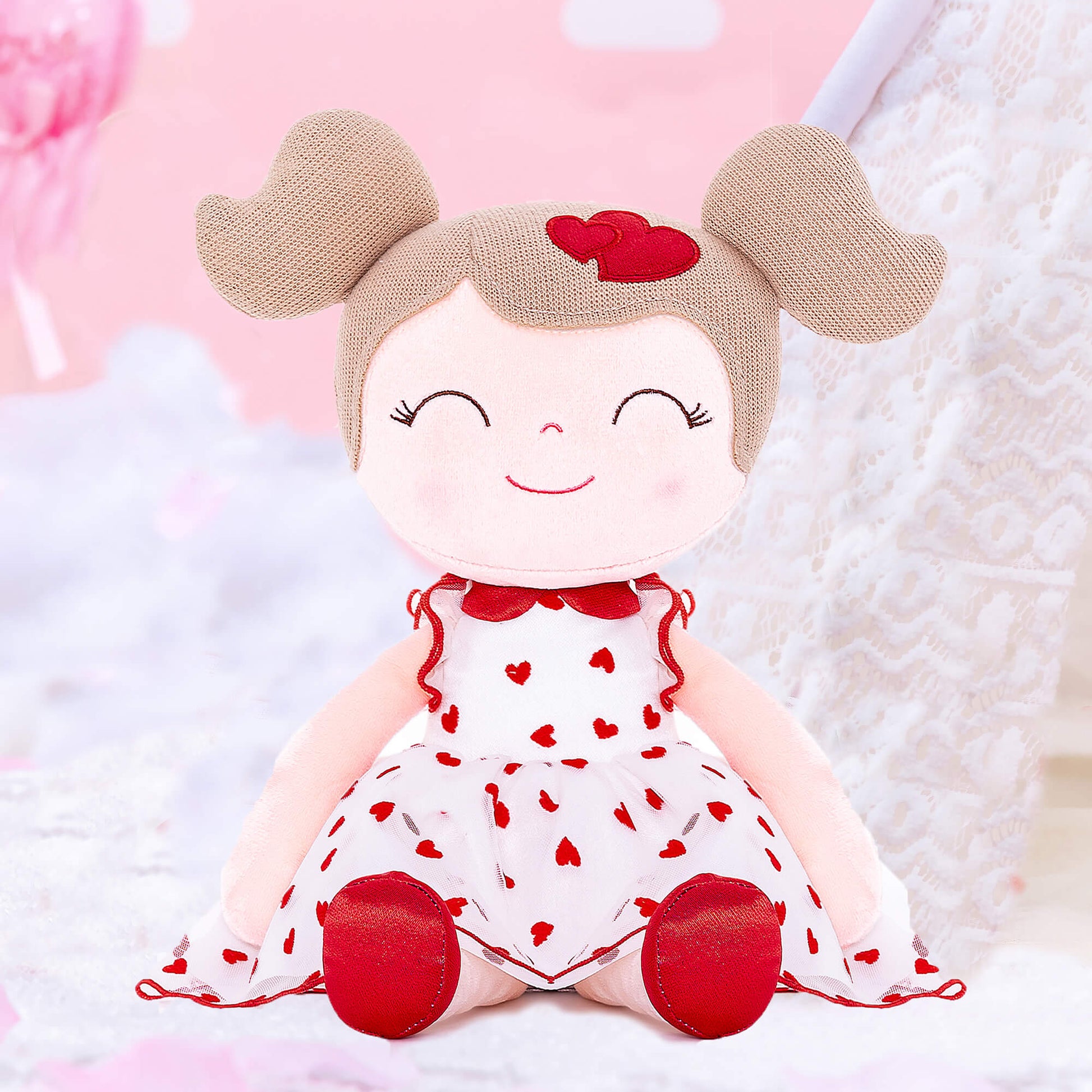 Personalized Plush Doll – Light Brown Hair with a Red Heart Dress - Tiny Tots Boutique