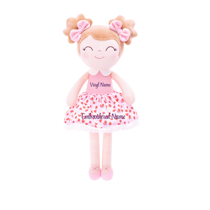 Personalized Plush Doll – Light Brown Hair with a Strawberry Dress - Tiny Tots Boutique