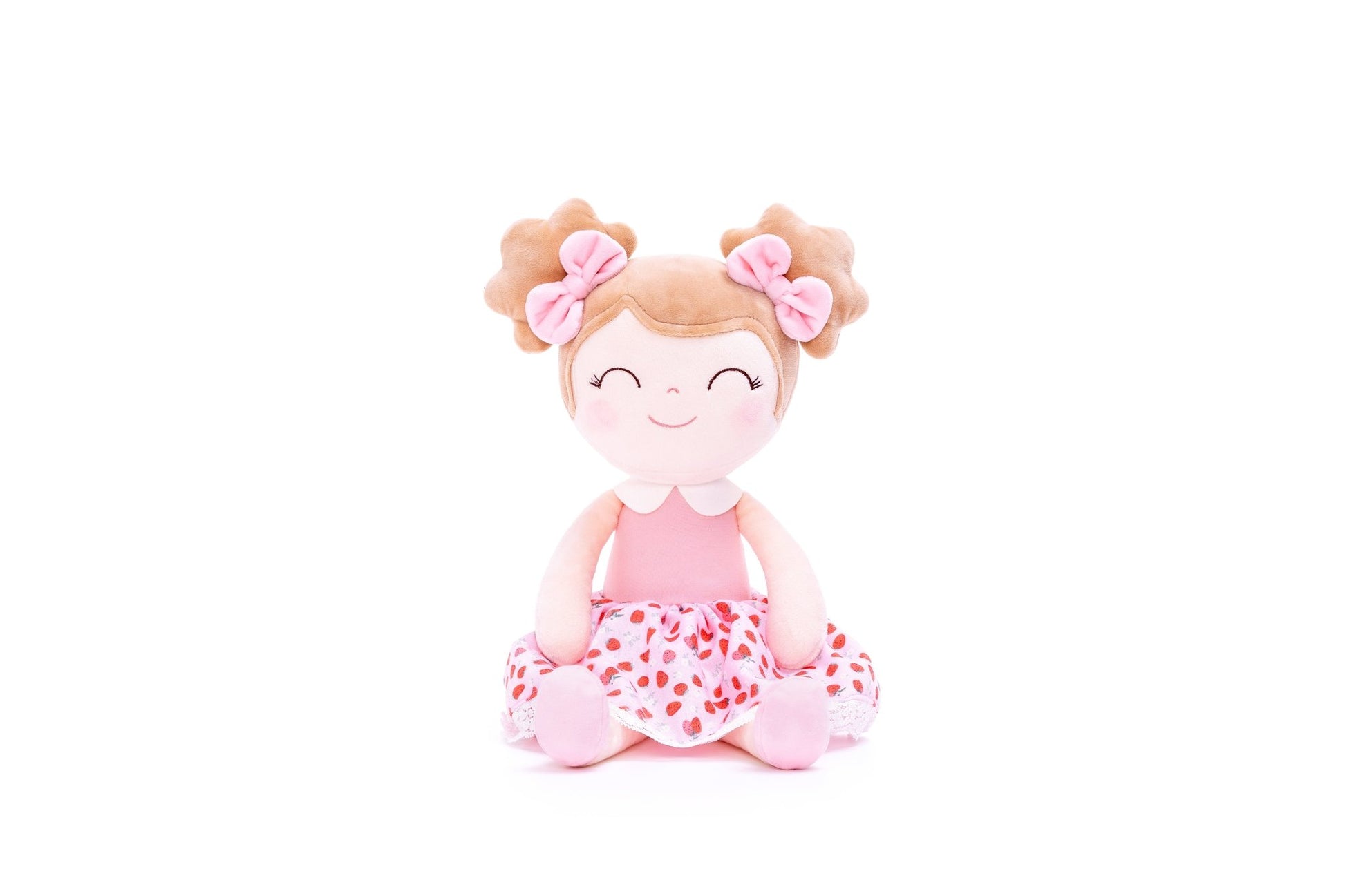 Personalized Plush Doll – Light Brown Hair with a Strawberry Dress - Tiny Tots Boutique
