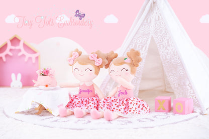 Personalized Plush Doll – Light Brown Hair with a Strawberry Dress - Tiny Tots Boutique