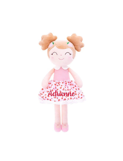 Personalized Plush Doll – Light Brown Hair with a Strawberry Dress and 1 Bow - Tiny Tots Boutique