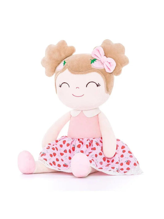 Personalized Plush Doll – Light Brown Hair with a Strawberry Dress and 1 Bow - Tiny Tots Boutique