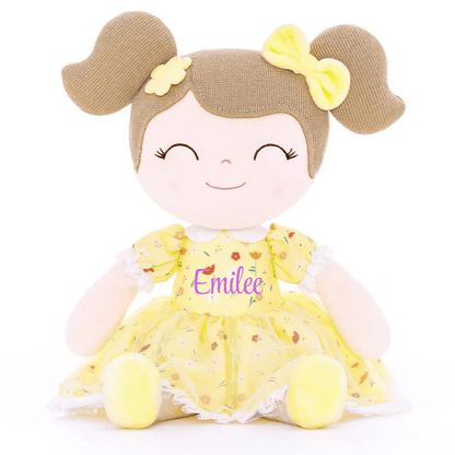 Personalized Plush Doll – Light Brown Hair with a Yellow Floral Dress - Tiny Tots Boutique