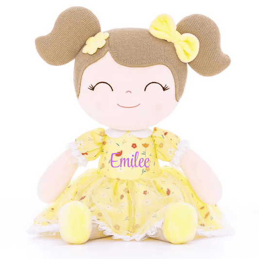 Personalized Plush Doll – Light Brown Hair with a Yellow Floral Dress - Tiny Tots Boutique