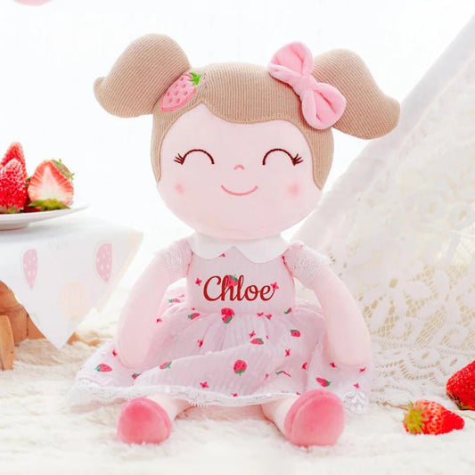 Personalized Plush Doll – Light Brown Hair with Strawberry Dress - Tiny Tots Boutique