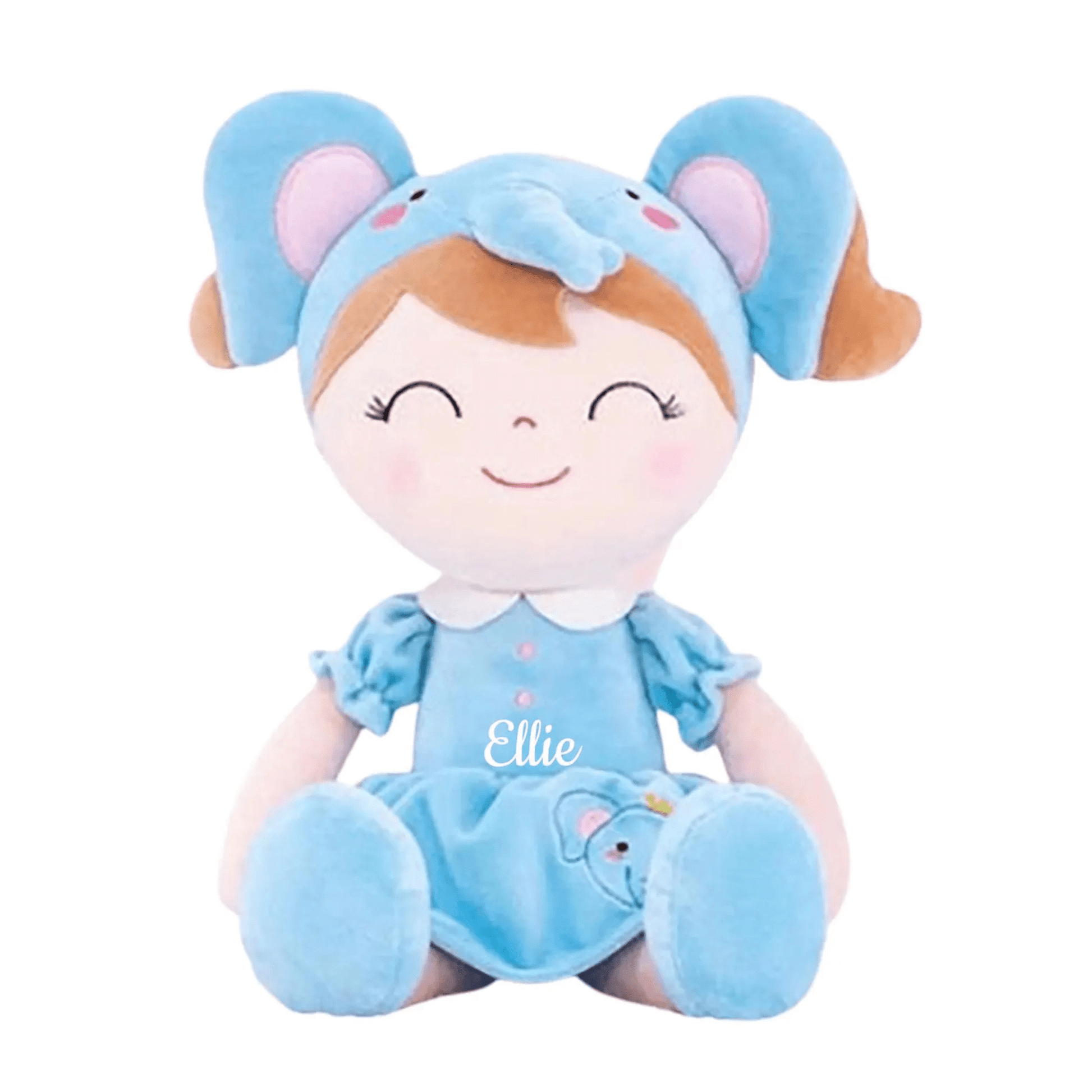 Personalized Plush Elephant Doll – Light Brown Hair with a Gray - Blue Dress - Tiny Tots Boutique