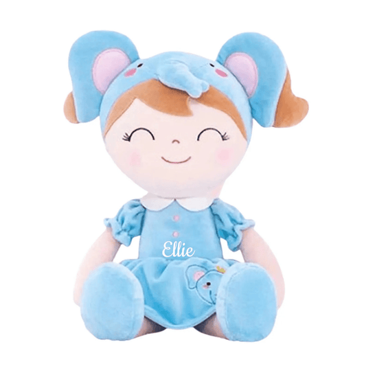 Personalized Plush Elephant Doll – Light Brown Hair with a Gray - Blue Dress - Tiny Tots Boutique