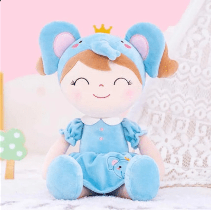 Personalized Plush Elephant Doll – Light Brown Hair with a Gray - Blue Dress - Tiny Tots Boutique