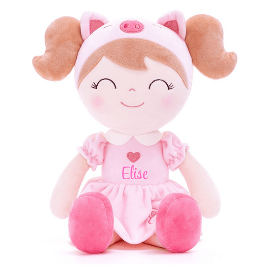 Personalized Plush Pig Doll – Light Brown Hair with a Pink Dress - Tiny Tots Boutique