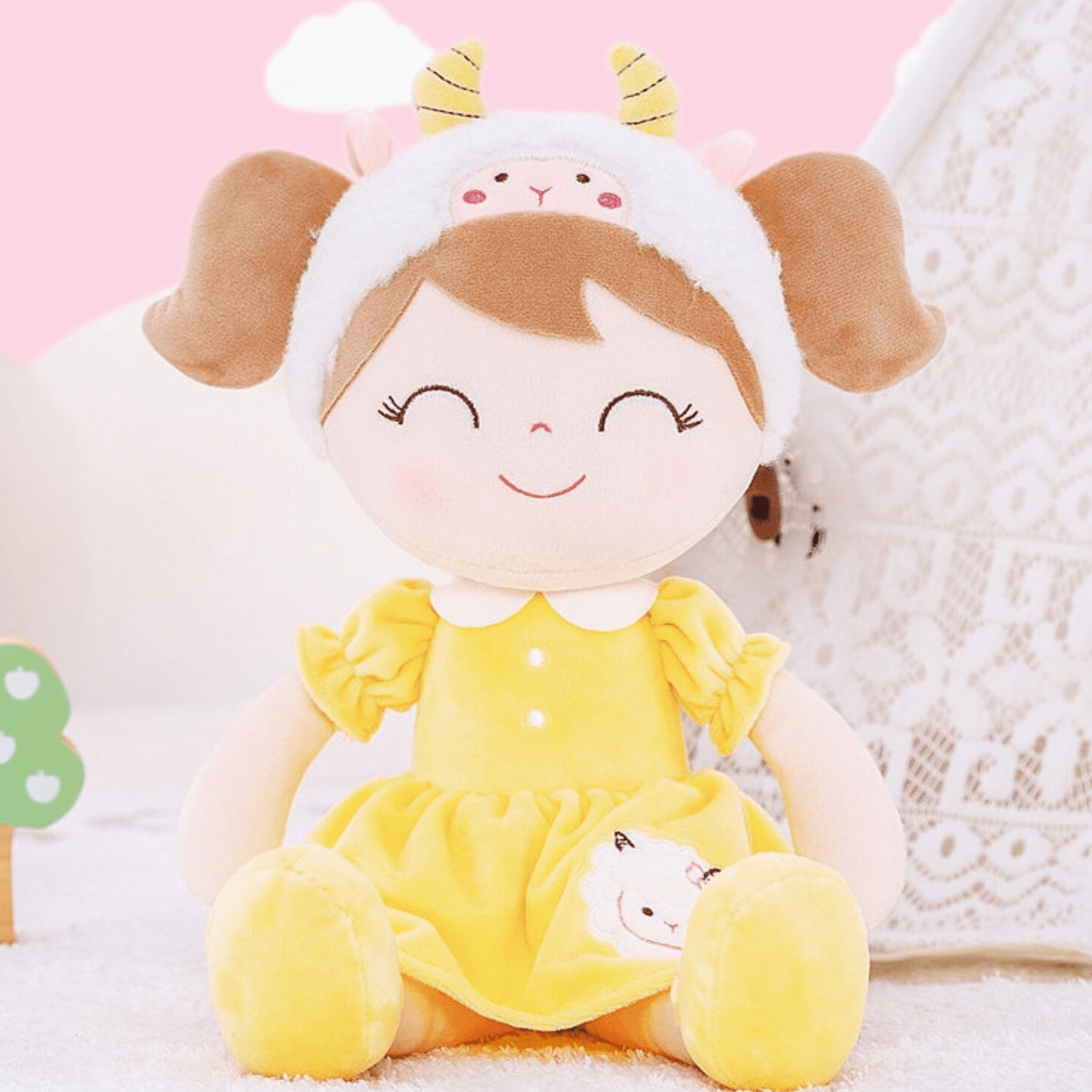 Personalized Plush Sheep Doll – Light Brown Hair with a Yellow Dress - Tiny Tots Boutique