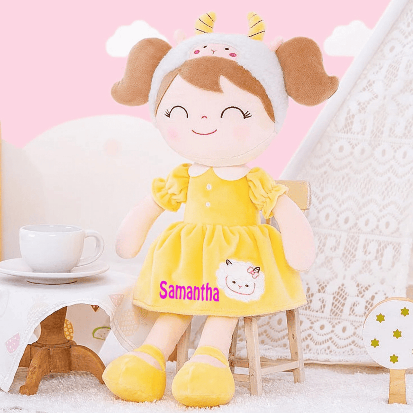 Personalized Plush Sheep Doll – Light Brown Hair with a Yellow Dress - Tiny Tots Boutique