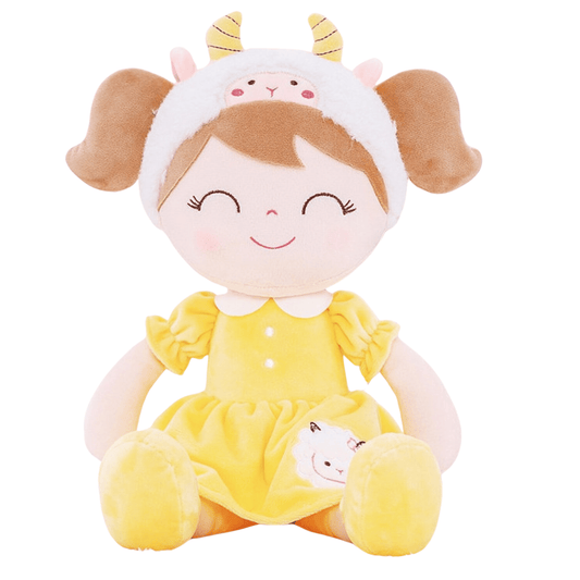 Personalized Plush Sheep Doll – Light Brown Hair with a Yellow Dress - Tiny Tots Boutique