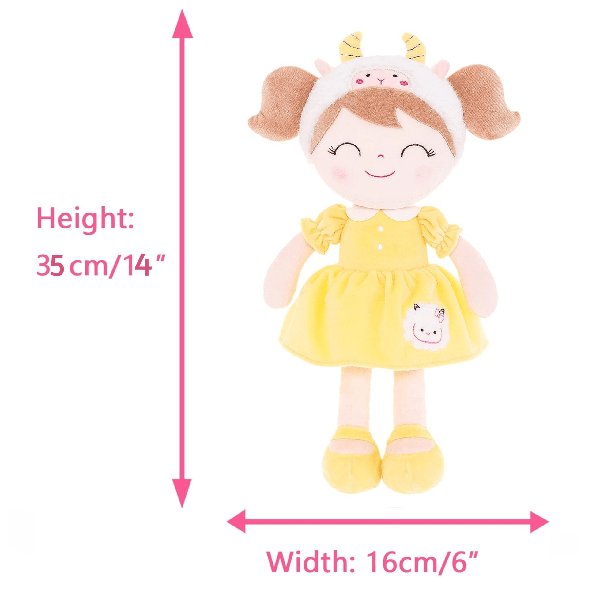 Personalized Plush Sheep Doll – Light Brown Hair with a Yellow Dress - Tiny Tots Boutique
