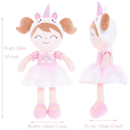 Personalized Plush Unicorn Doll – Light Brown Hair with a Pink Rainbow Dress - Tiny Tots Boutique