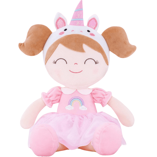 Personalized Plush Unicorn Doll – Light Brown Hair with a Pink Rainbow Dress - Tiny Tots Boutique