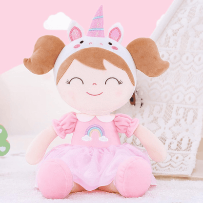 Personalized Plush Unicorn Doll – Light Brown Hair with a Pink Rainbow Dress - Tiny Tots Boutique