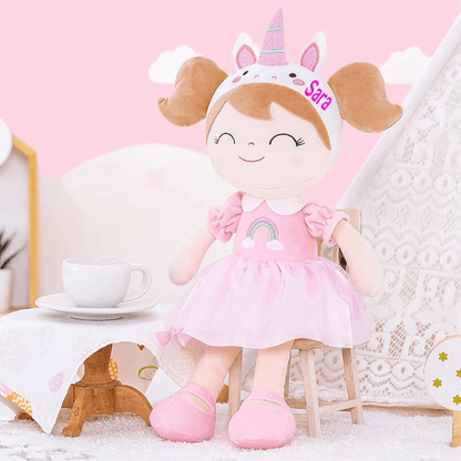 Personalized Plush Unicorn Doll – Light Brown Hair with a Pink Rainbow Dress - Tiny Tots Boutique