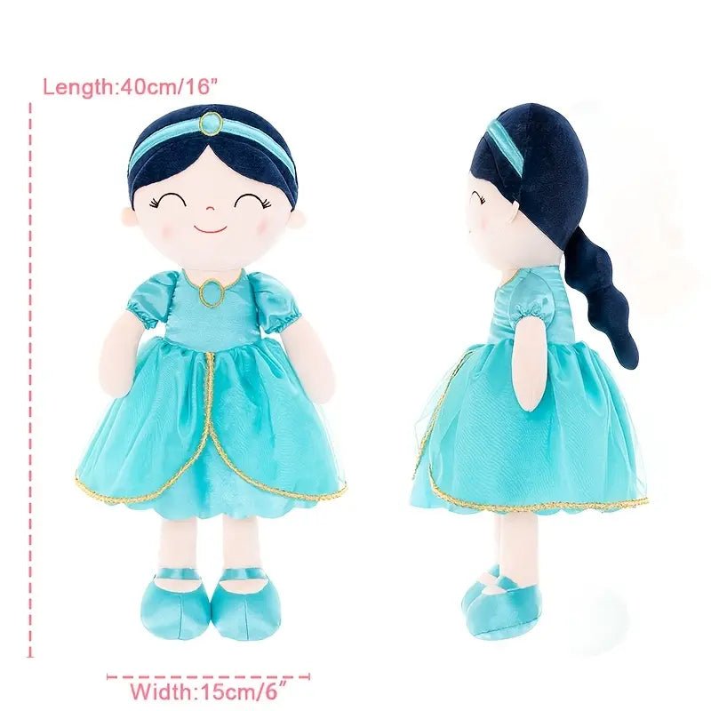 Personalized Princess Plush Doll – Black Hair with a Teal Dress - Tiny Tots Boutique