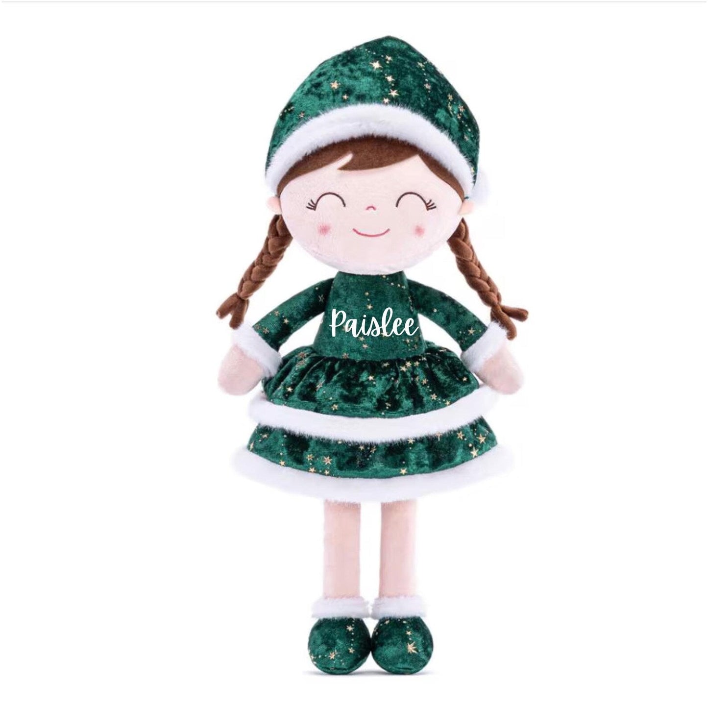 Personalized Santa Plush Doll – Custom Holiday Gift Green Dress - Tiny Tots Boutique