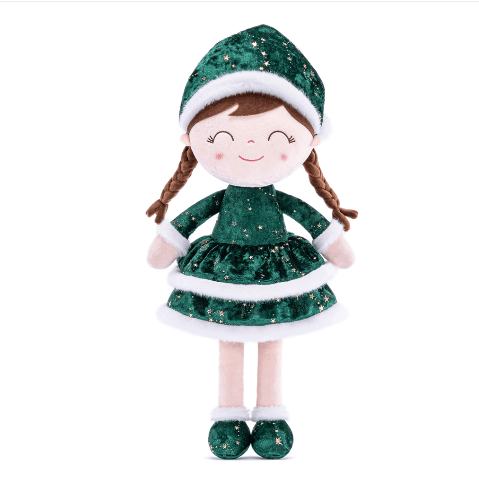 Personalized Santa Plush Doll – Green Dress - Brown Hair - Tiny Tots Boutique