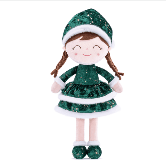 Personalized Santa Plush Doll – Green Dress - Brown Hair - Tiny Tots Boutique