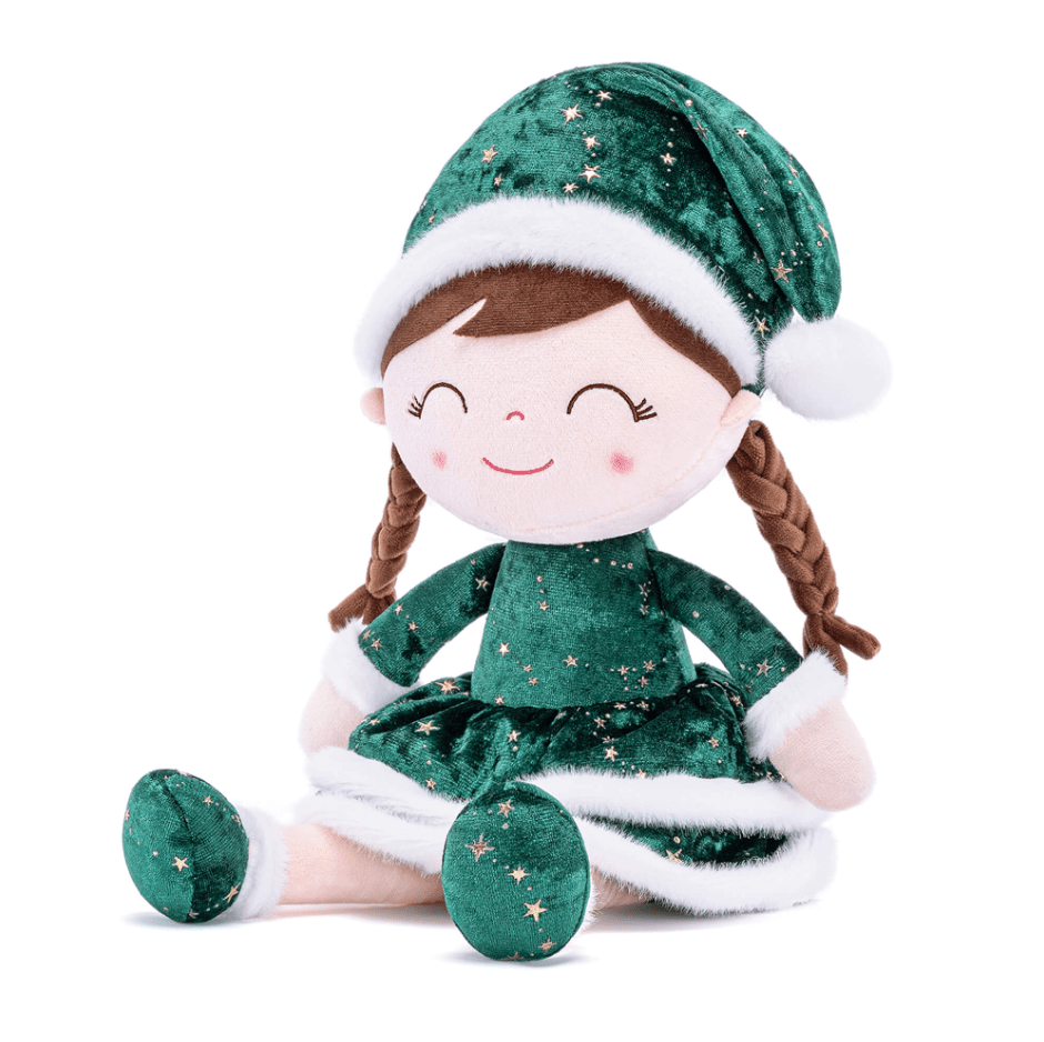 Personalized Santa Plush Doll – Green Dress - Brown Hair - Tiny Tots Boutique