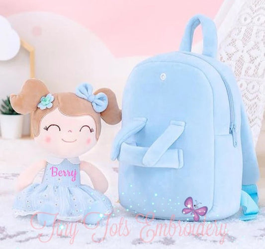 Personalized Toddler Backpack and Plush Doll - Blue - Tiny Tots Boutique